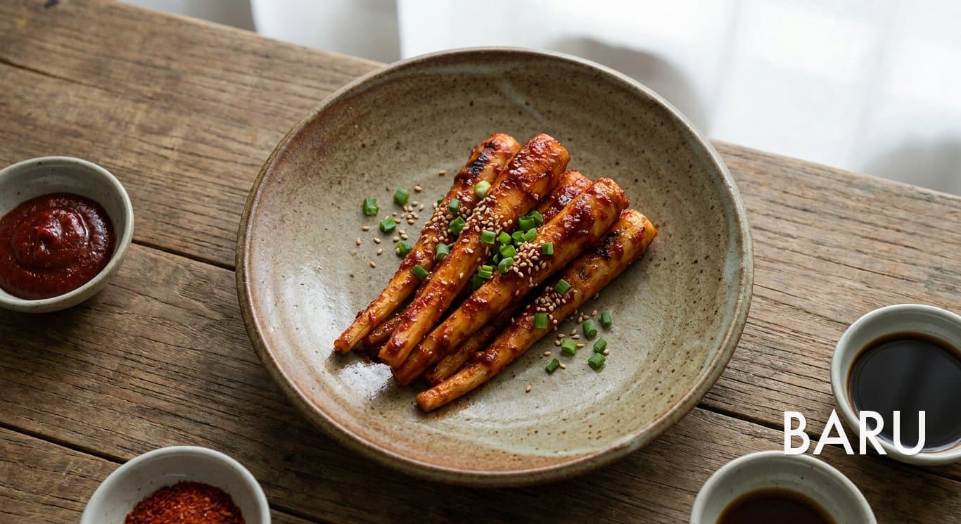 Grilled Deodeok Root with Gochujang Glaze (더덕구이)