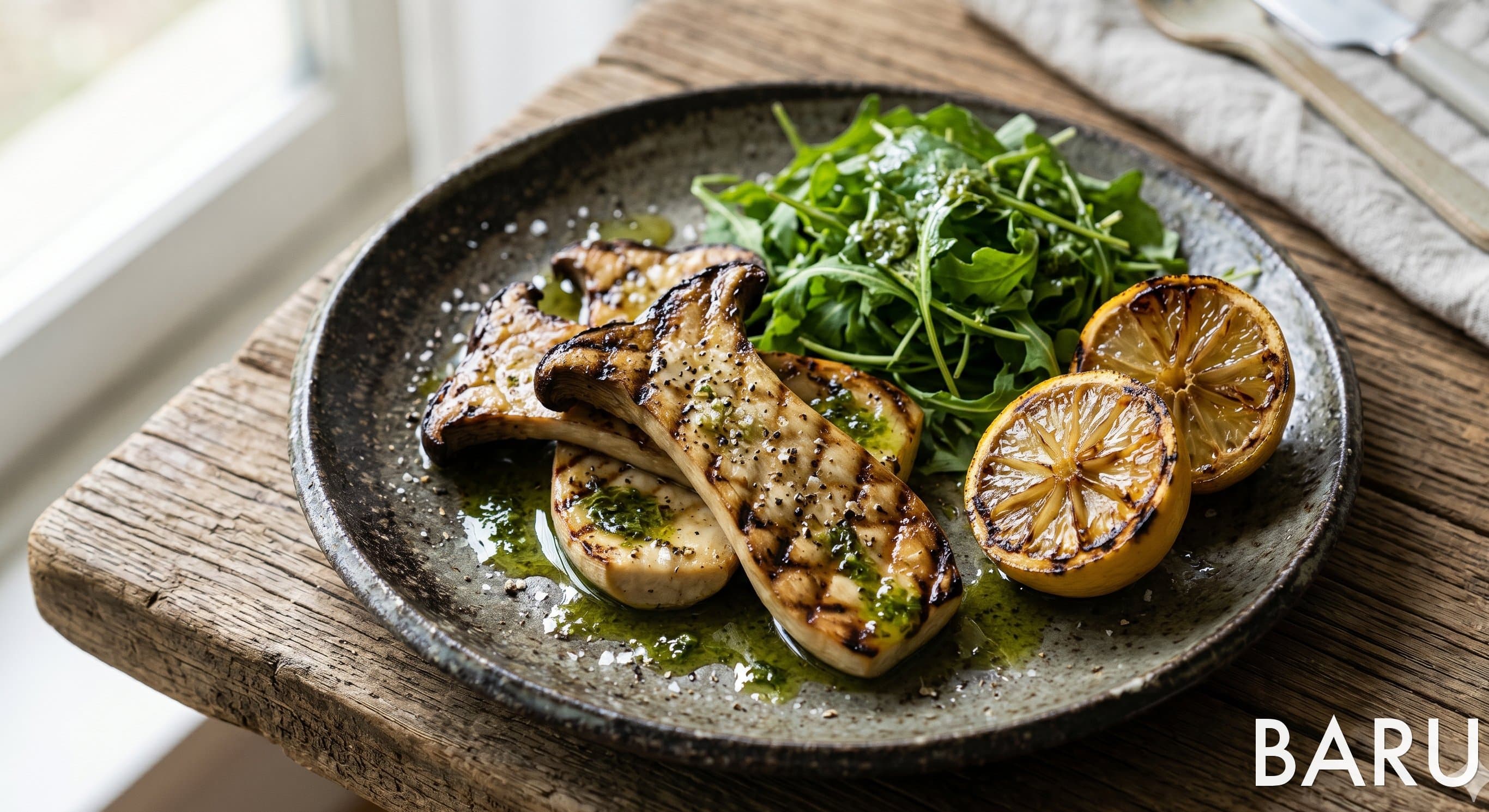 Grilled King Oyster Mushroom with Basil Oil (새송이버섯 바질오일구이)