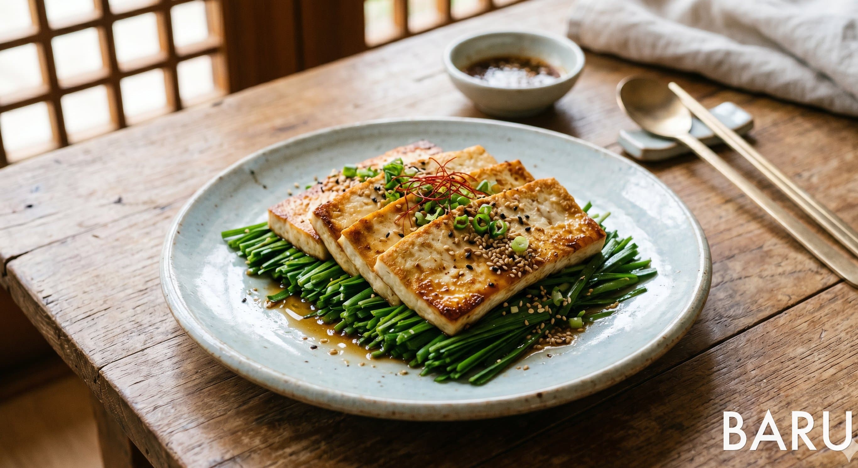Pan-grilled Tofu on Chive Bed (부추 두부구이)
