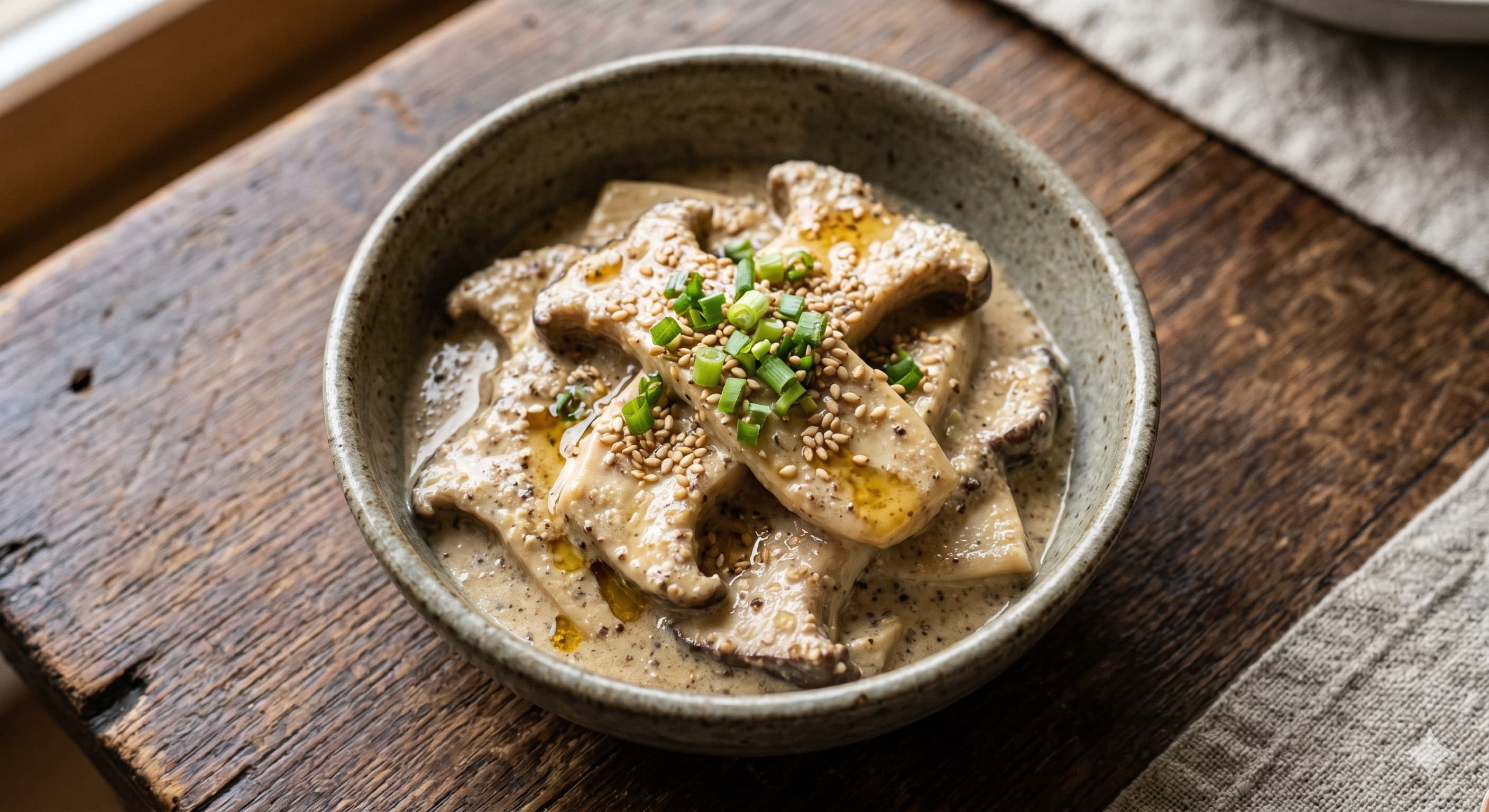 King Oyster Mushrooms with Perilla Seed Sauce (한정식집 들깨소스 새송이버섯)