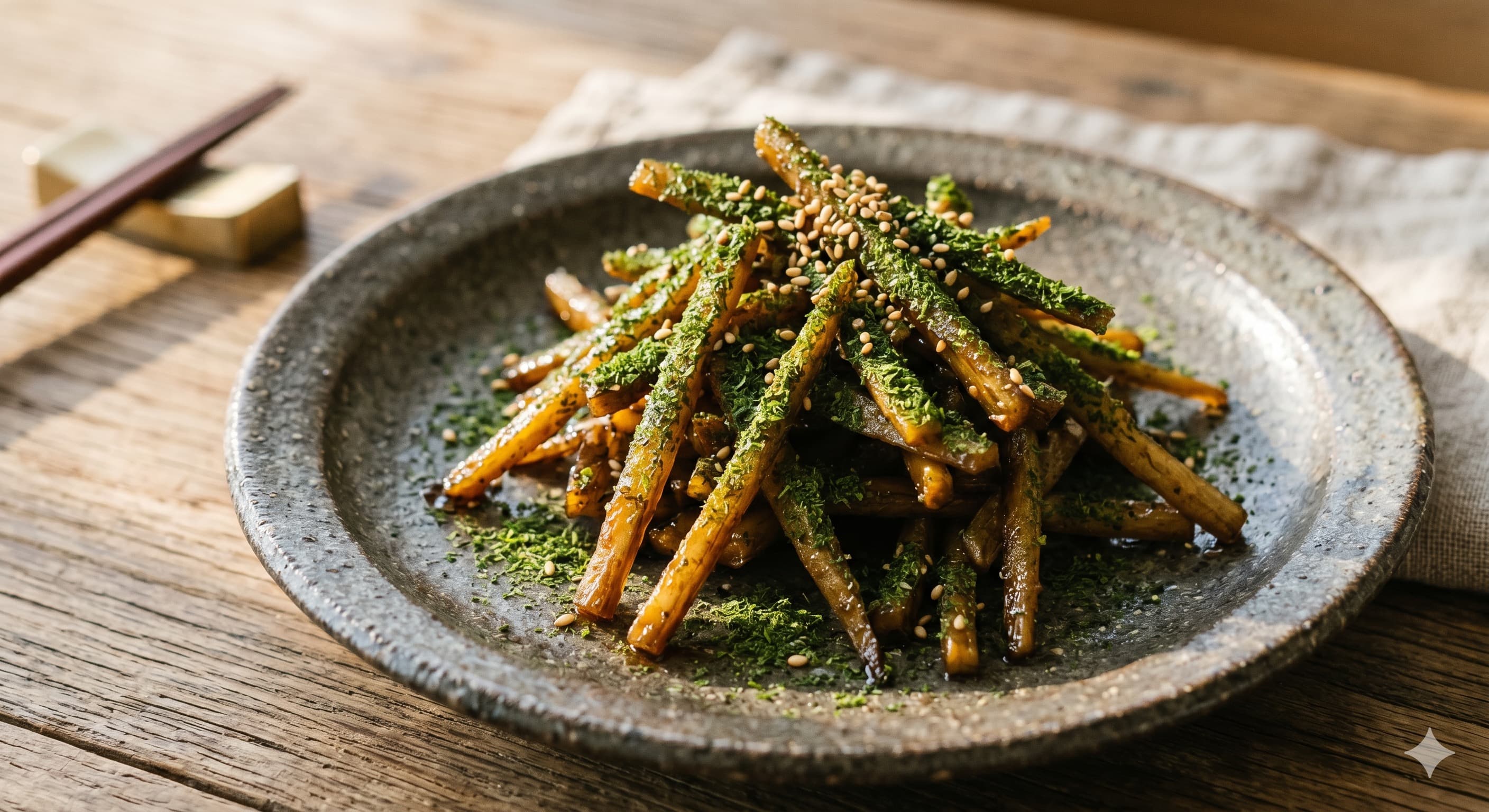 Burdock Root with Green Laver (우엉 파래 가루 구이)