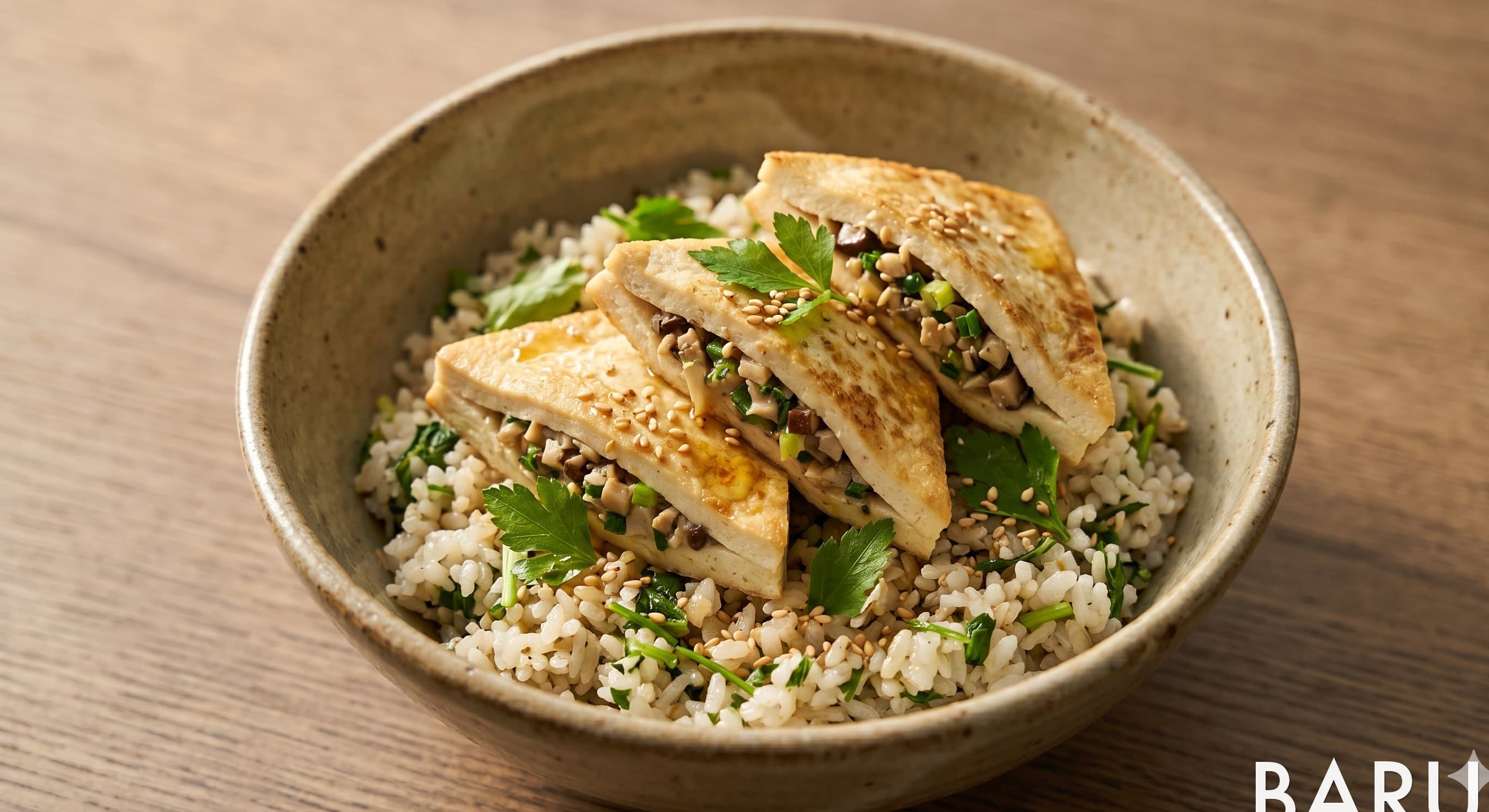 Stuffed Tofu Triangles with Water Parsley Rice (미나리 밥 두부선)