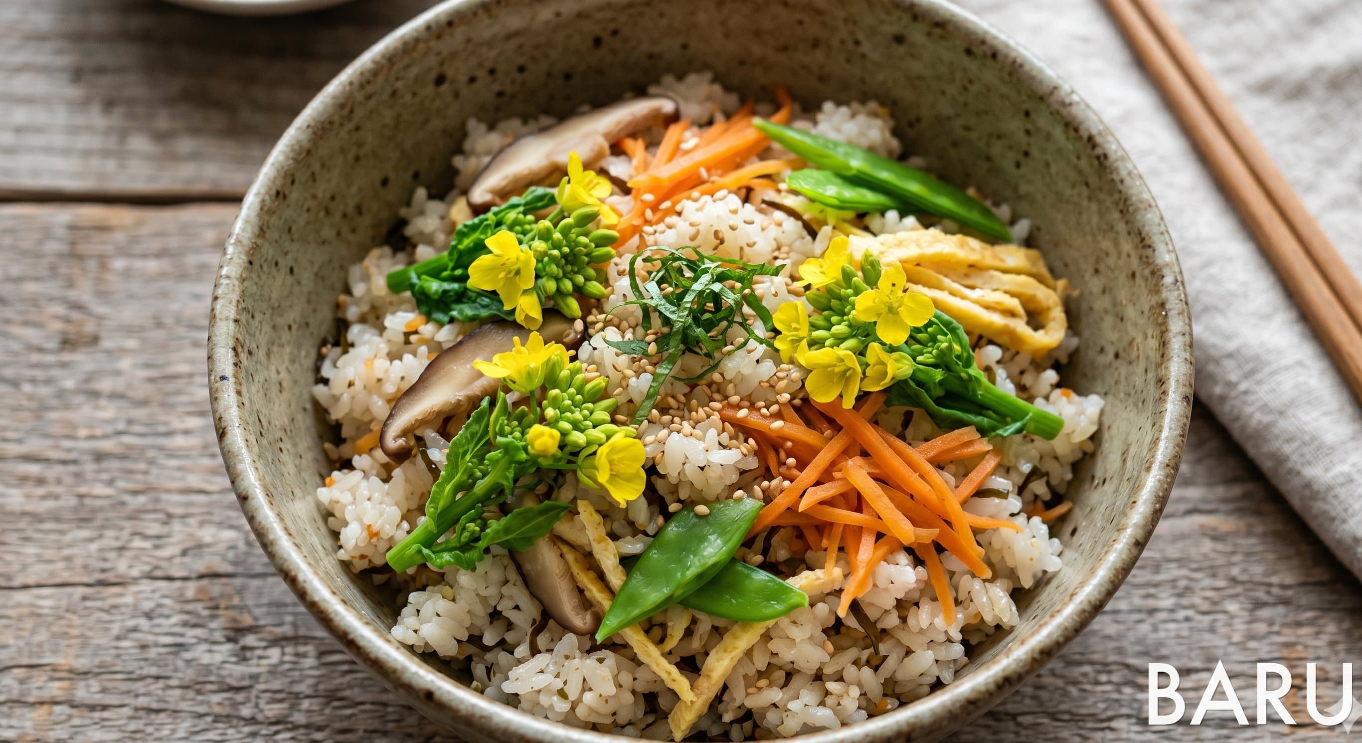 Temple-Style Scattered Sushi with Rapeseed Blossoms (유채꽃 정진 흩어 초밥)