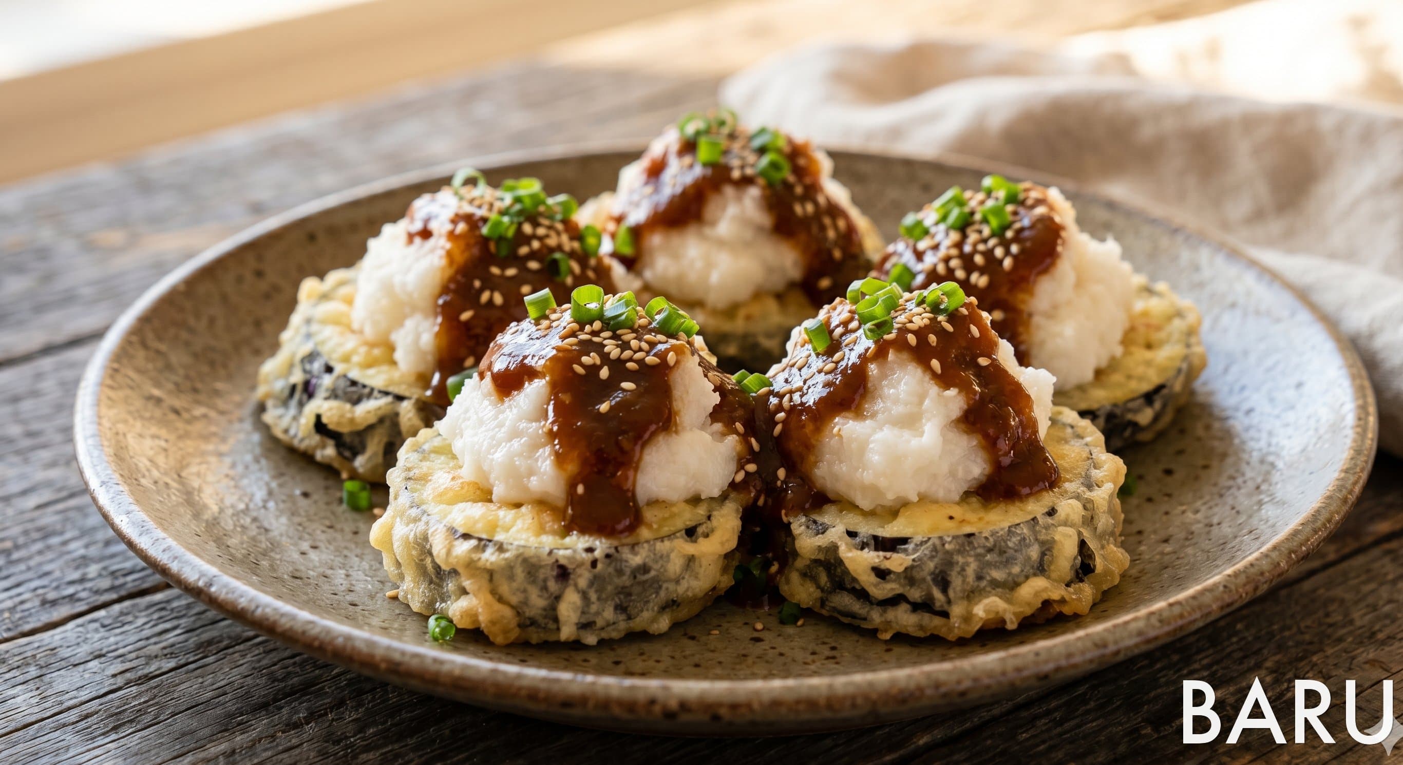 Temple-Style Fried Eggplant with Sweet Miso (가지 정진 프라이 단된장 소스)