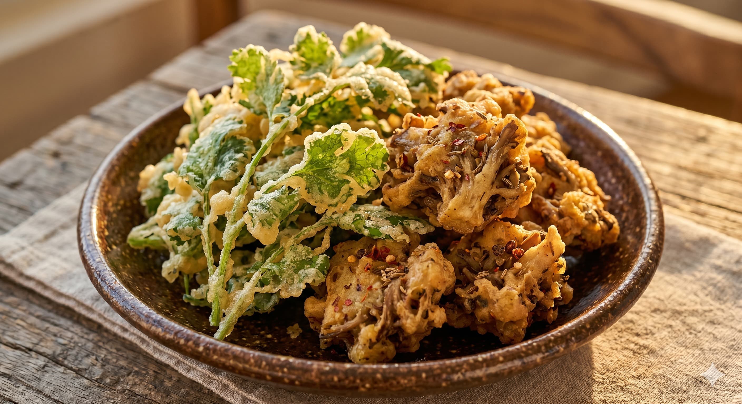 Cilantro Tempura and Spiced Wheat Gluten Fritter (고수 튀김과 차후 향신료 튀김)