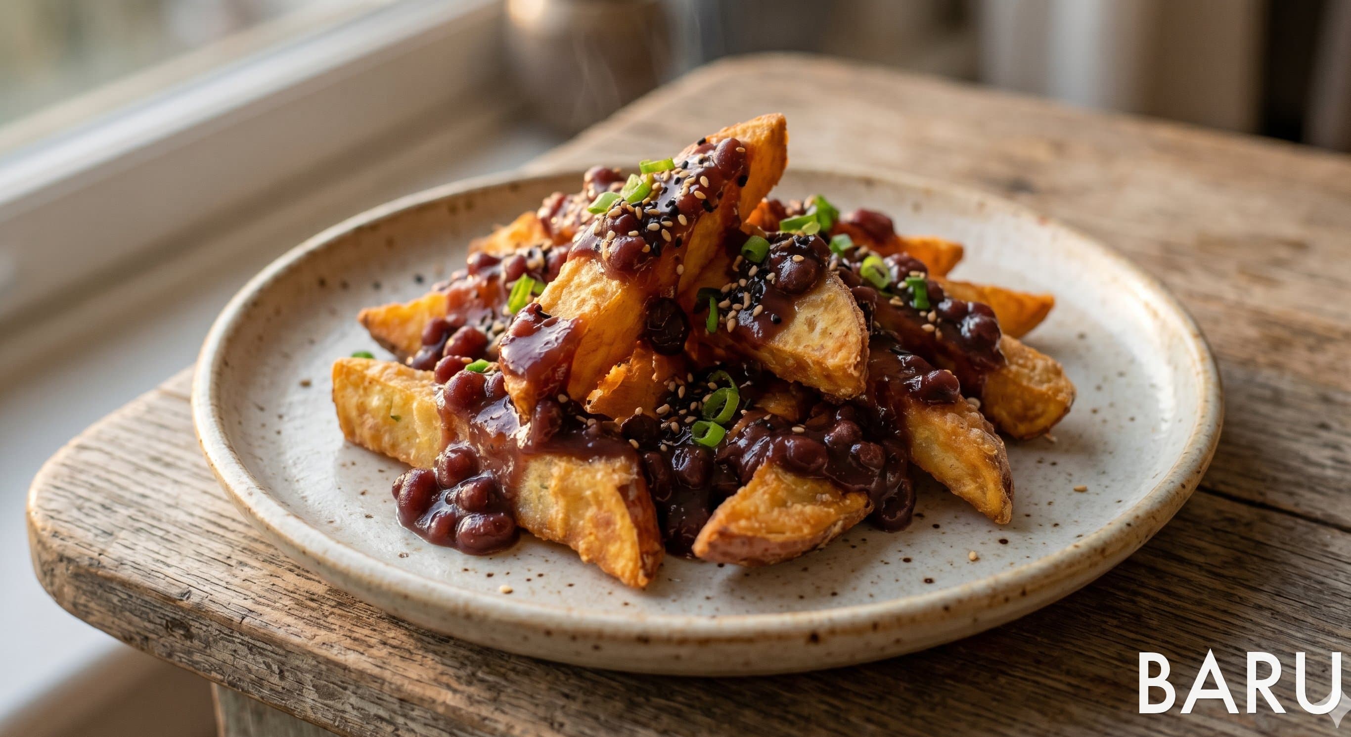 Fried Sweet Potato with Sweet Red Bean Sauce (고구마 튀김 팥소 소스)