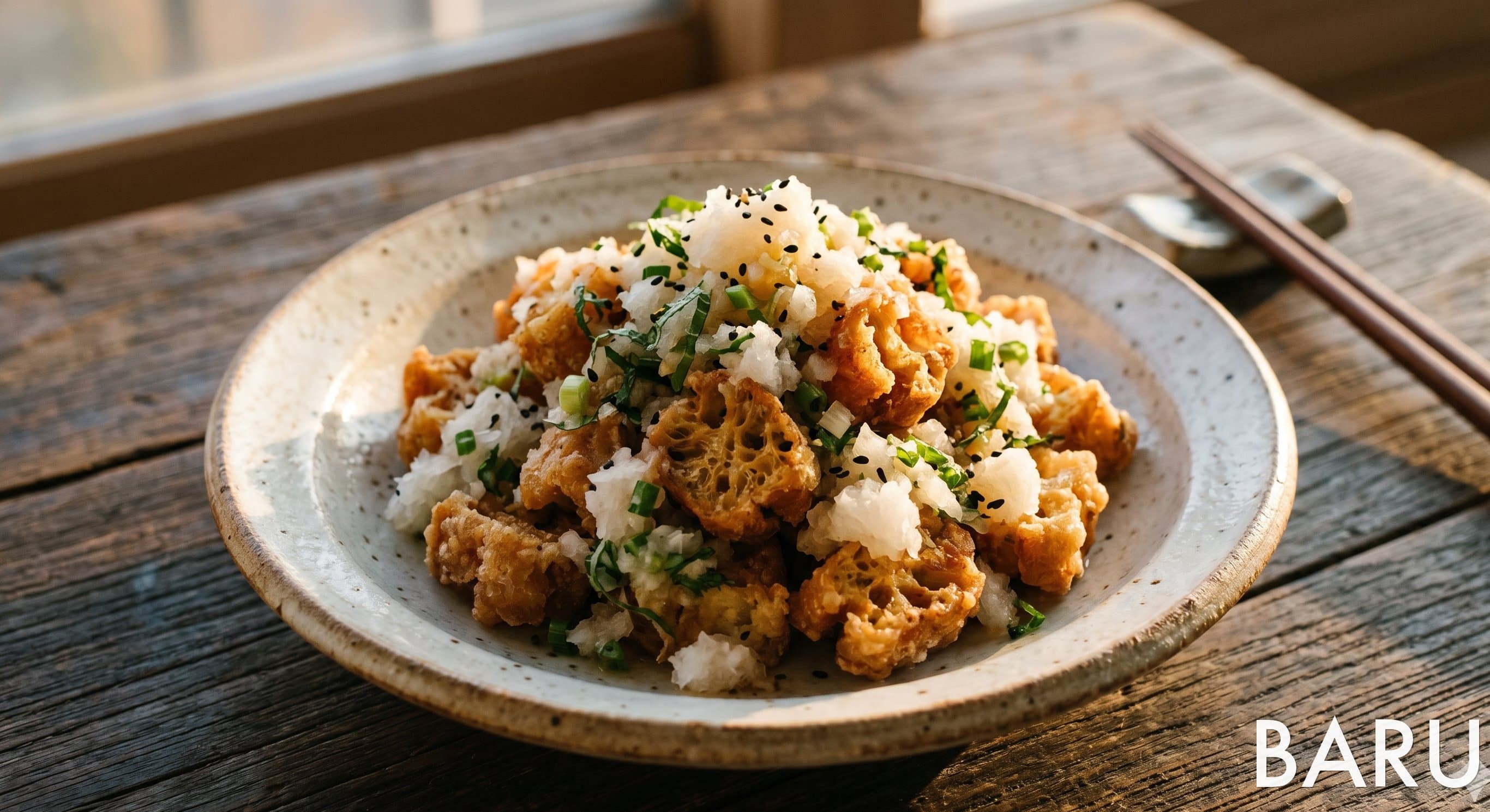 Fried Wheat Gluten with Grated Radish (생밀기울떡 튀김 무즙 무침)
