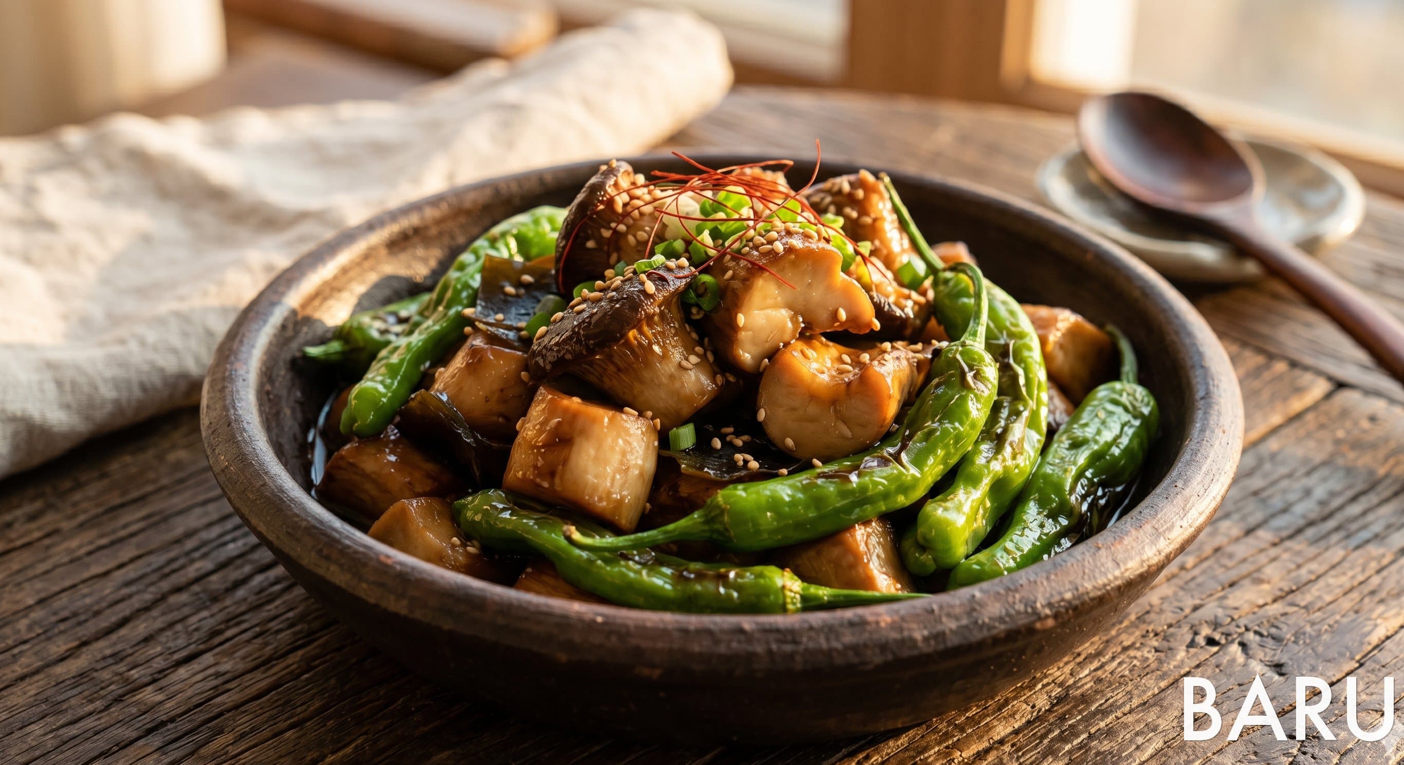 Soy-braised King Oyster Mushrooms with Shishito Peppers (새송이버섯 꽈리고추 조림)