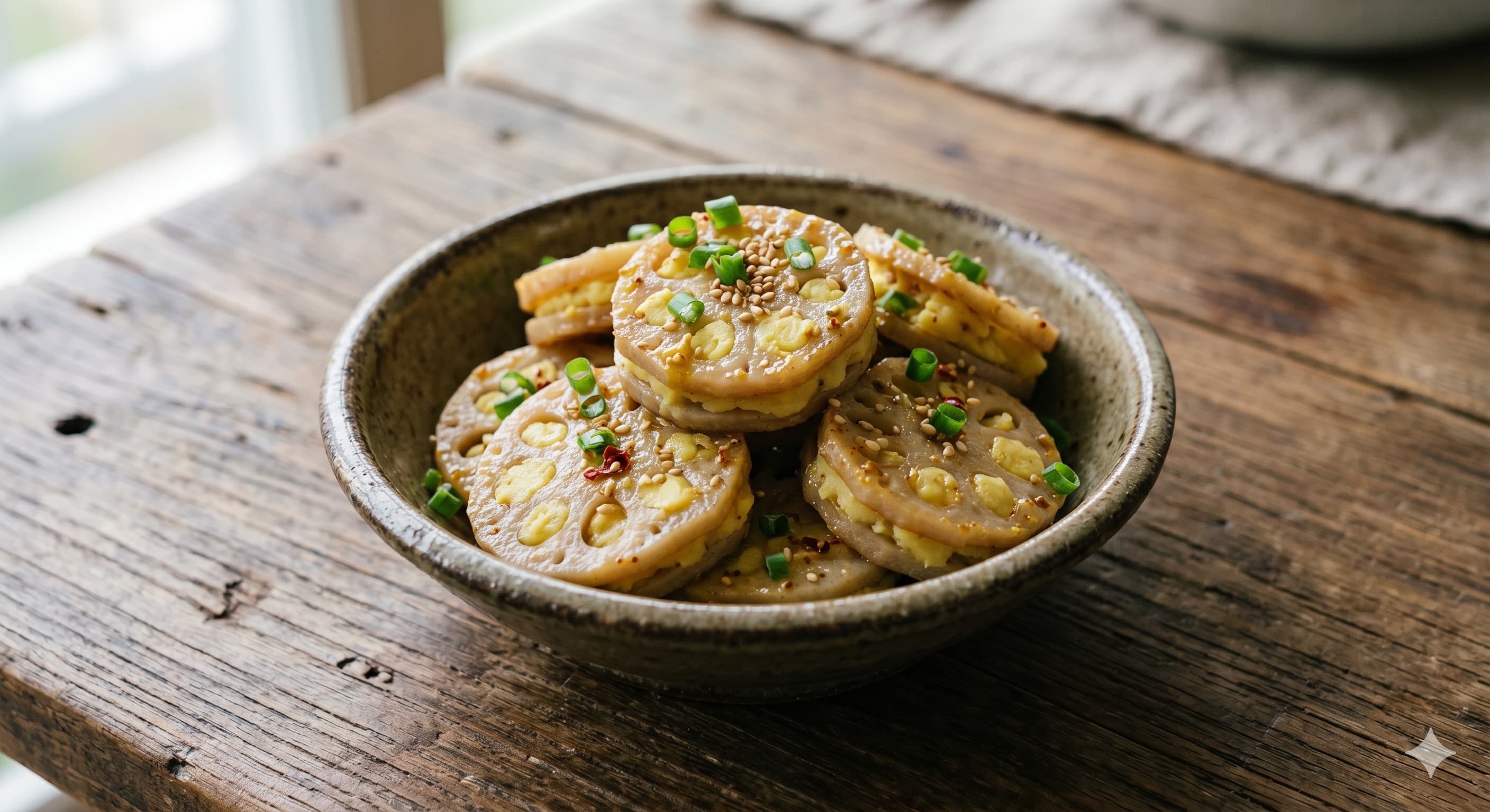 Lotus Root with Mustard Potato Filling (연근 겨자감자무침)