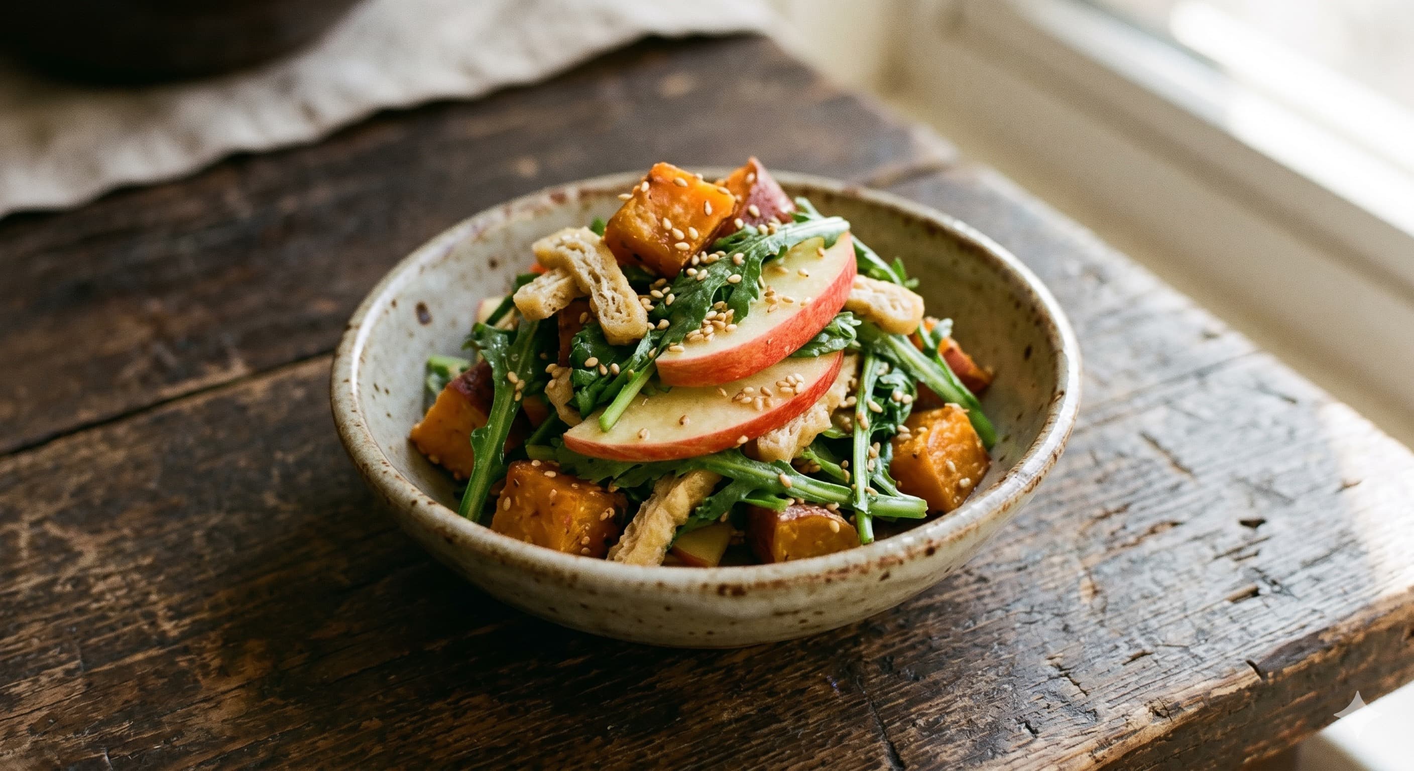 Sweet Potato, Apple, and Crown Daisy Sesame Vinegar Salad (고구마 사과 쑥갓 참깨초 무침)